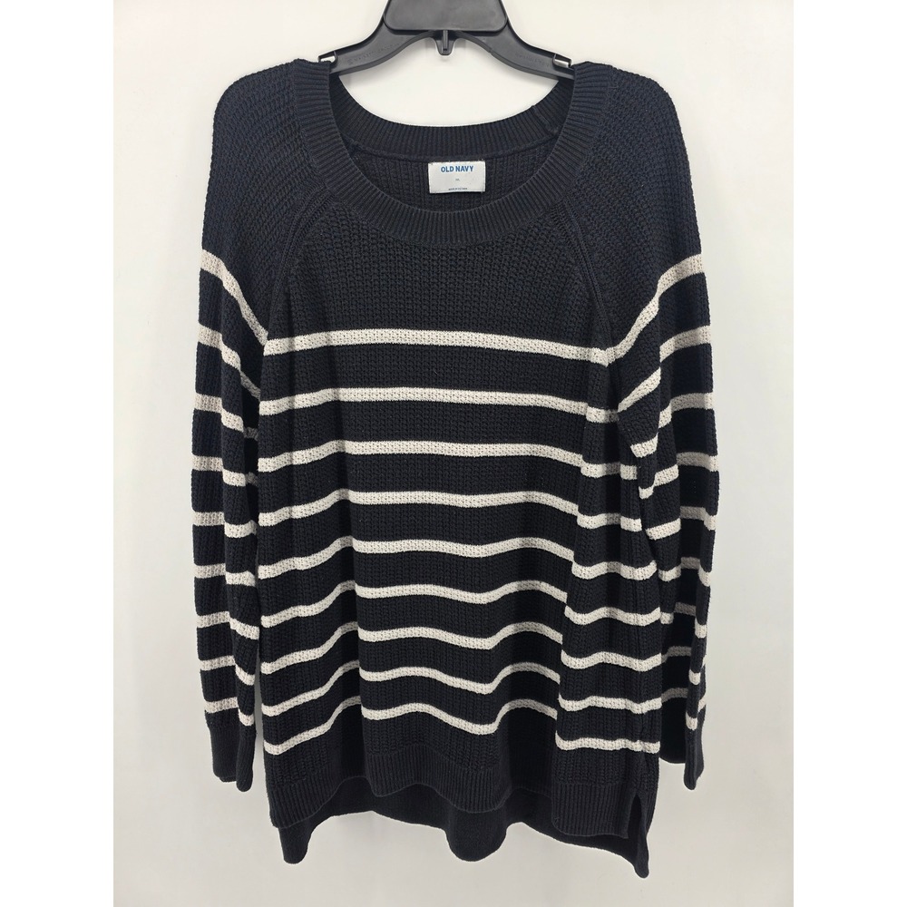 Old Navy Striped Waffle Knit Sweater Black White Crewneck XXL